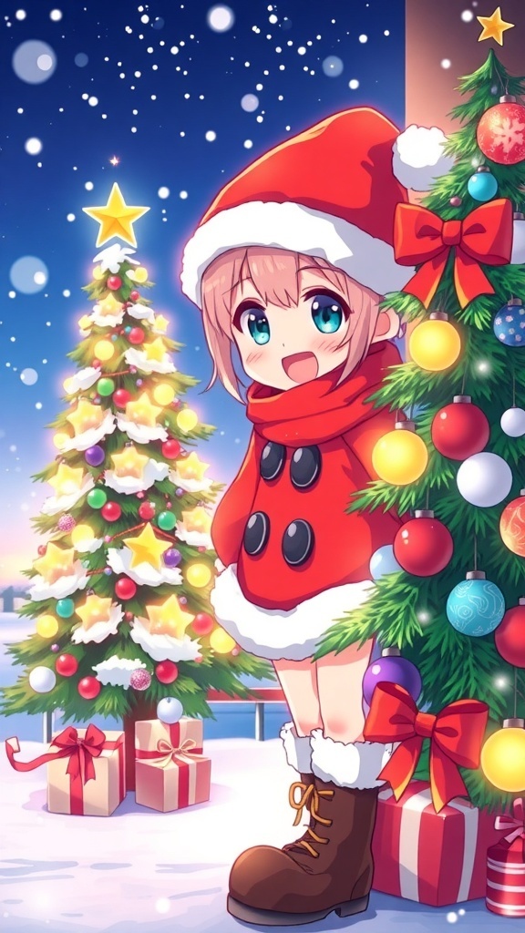Anime character in a Santa outfit with a Christmas tree and snowy background.